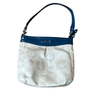 Coach Ashley Dot Print Shoulder Bag Tan with Blue Leather Trim Retro Iconic Logo